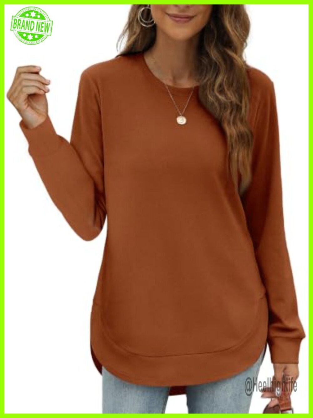 OFEEFAN Womens Sweatshirt Crewneck Long Sleeve High Low Tunic Curved Hem
